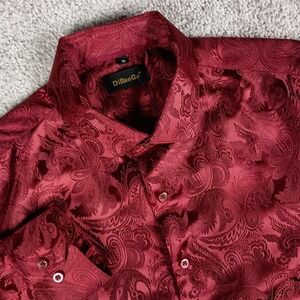 DiBanGu Medium Silk Red Jacquard Weave Paisley Button Down Mens Dress Shirt